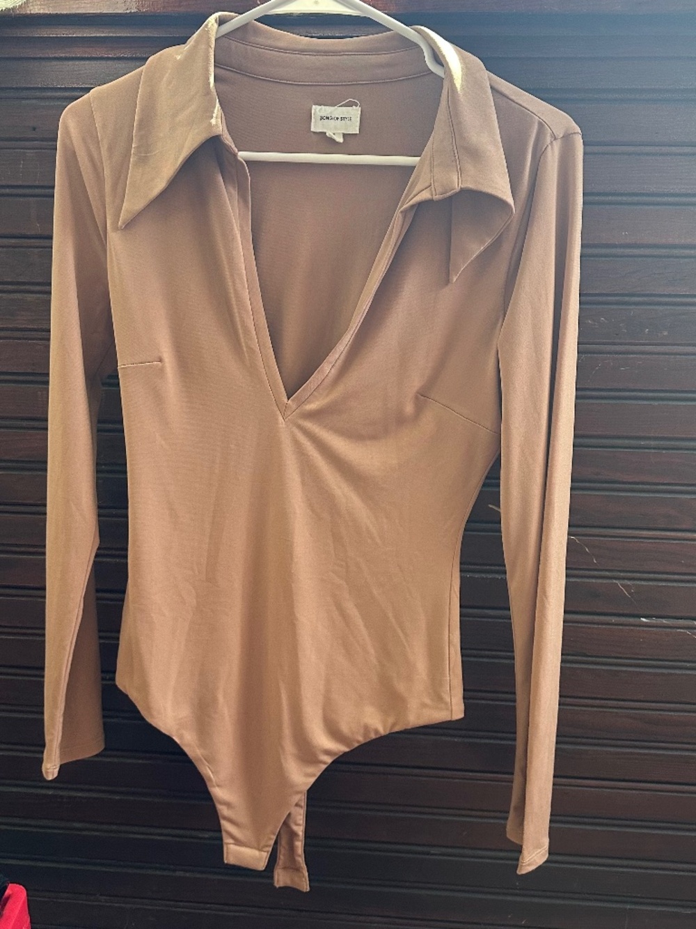 Song of Style Collared Long Sleeve Bodysuit in Light Brown l